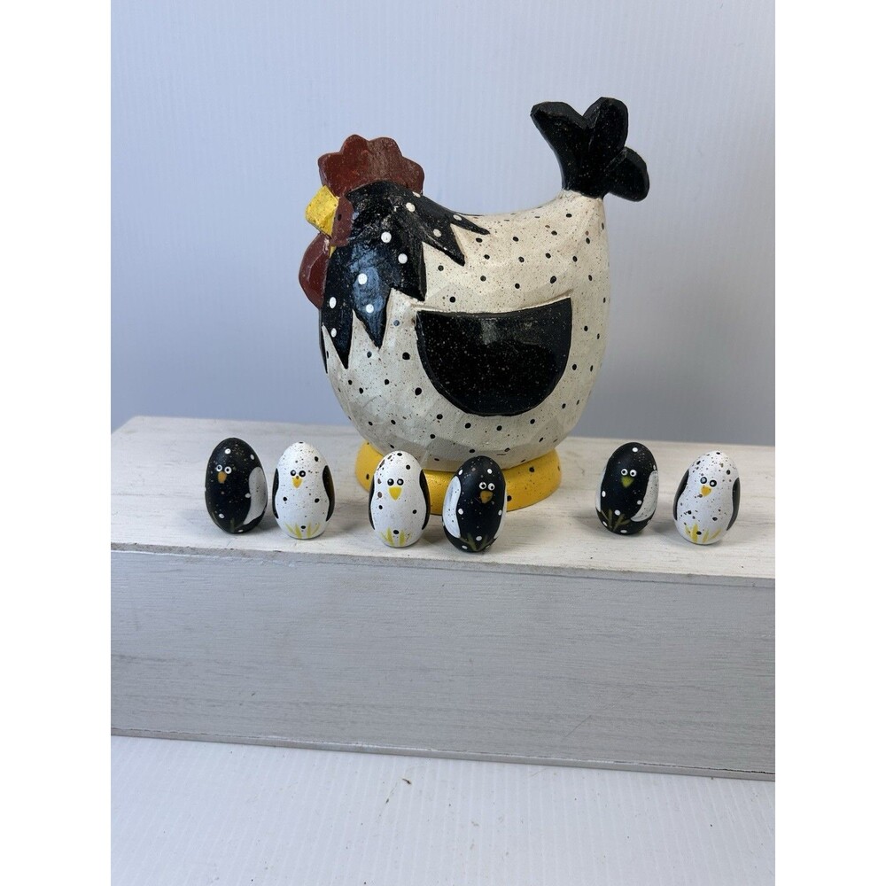 Folk Art Hen Chicken 6 Chicks 7 Pc Nesting Set Hand Painted Wood Decor